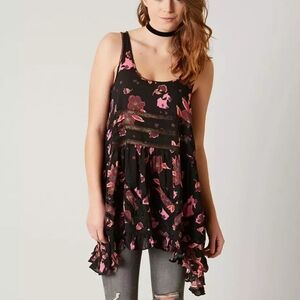 Free People Black and Pink Floral Trapeze Tunic Tanktop